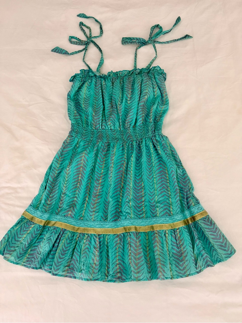 Blue Rain Teal Gold Boho Tie Strap Mini Sundress Fairycore Whimsical Size M